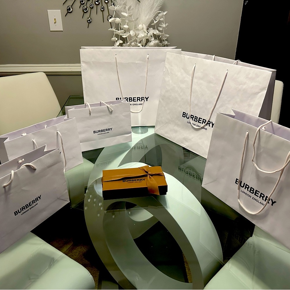 Signature Burberry shopping bags.